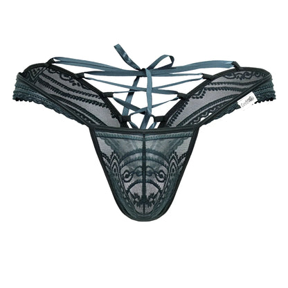 CandyMan 99861 green lace thong with intricate patterns and crisscross tie-back design shown from the back side