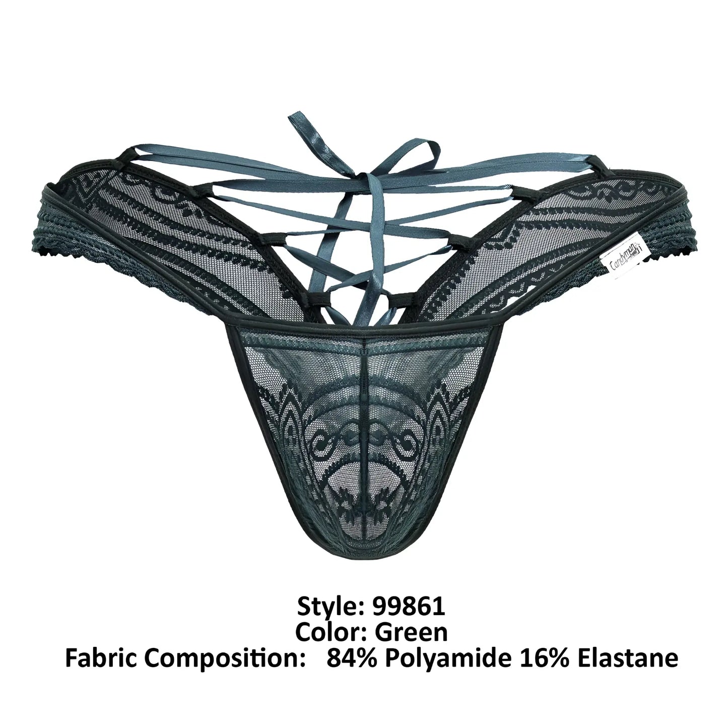 Dark green candyMan 99861 lace thong with intricate patterns and crisscrossing straps front view