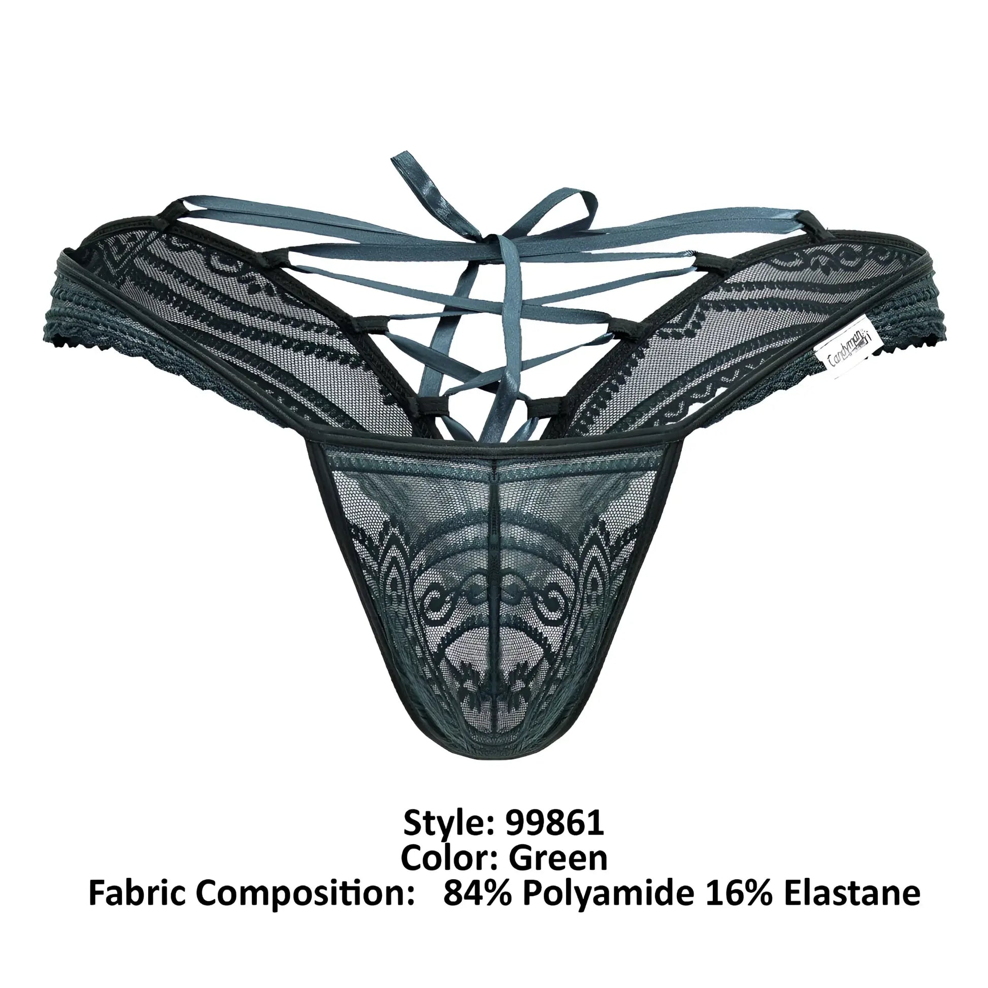 Dark green candyMan 99861 lace thong with intricate patterns and crisscrossing straps front view