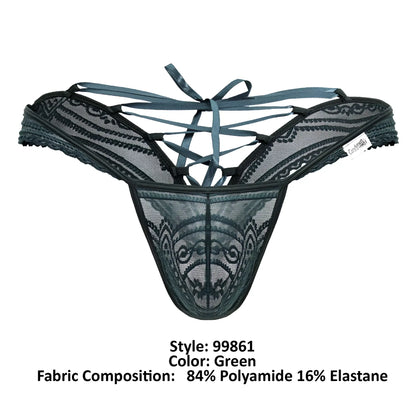 Dark green candyMan 99861 lace thong with intricate patterns and crisscrossing straps front view