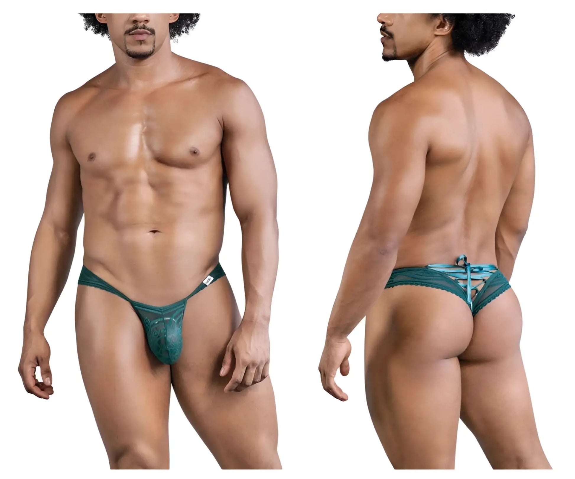 Teal lace thong candyMan 99861 in green with tied-back design and subtle pattern shown from the back side