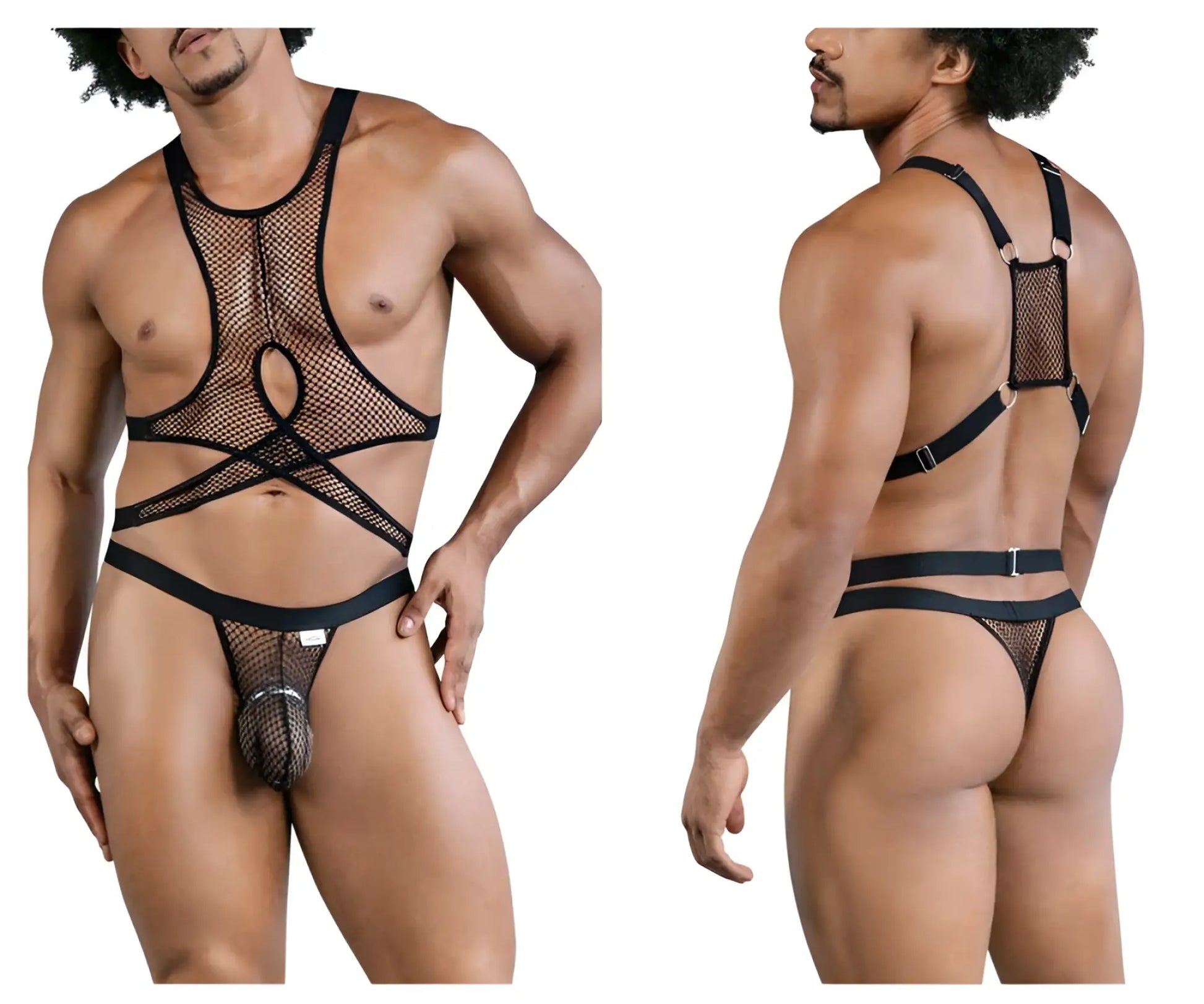 Black mesh harness style bodysuit candyMan 99862 fishnet outfit with adjustable straps and central cutout