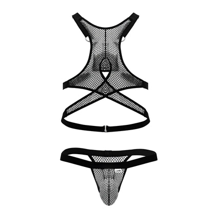 Black mesh harness and thong set with elastic straps from candyman 99862 fishnet outfit color black