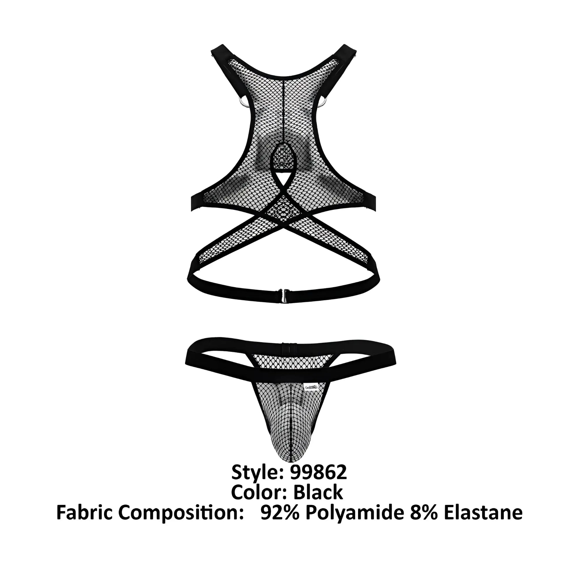 Black candyMan 99862 fishnet outfit harness and thong set made of 92% polyamide and 8% elastane