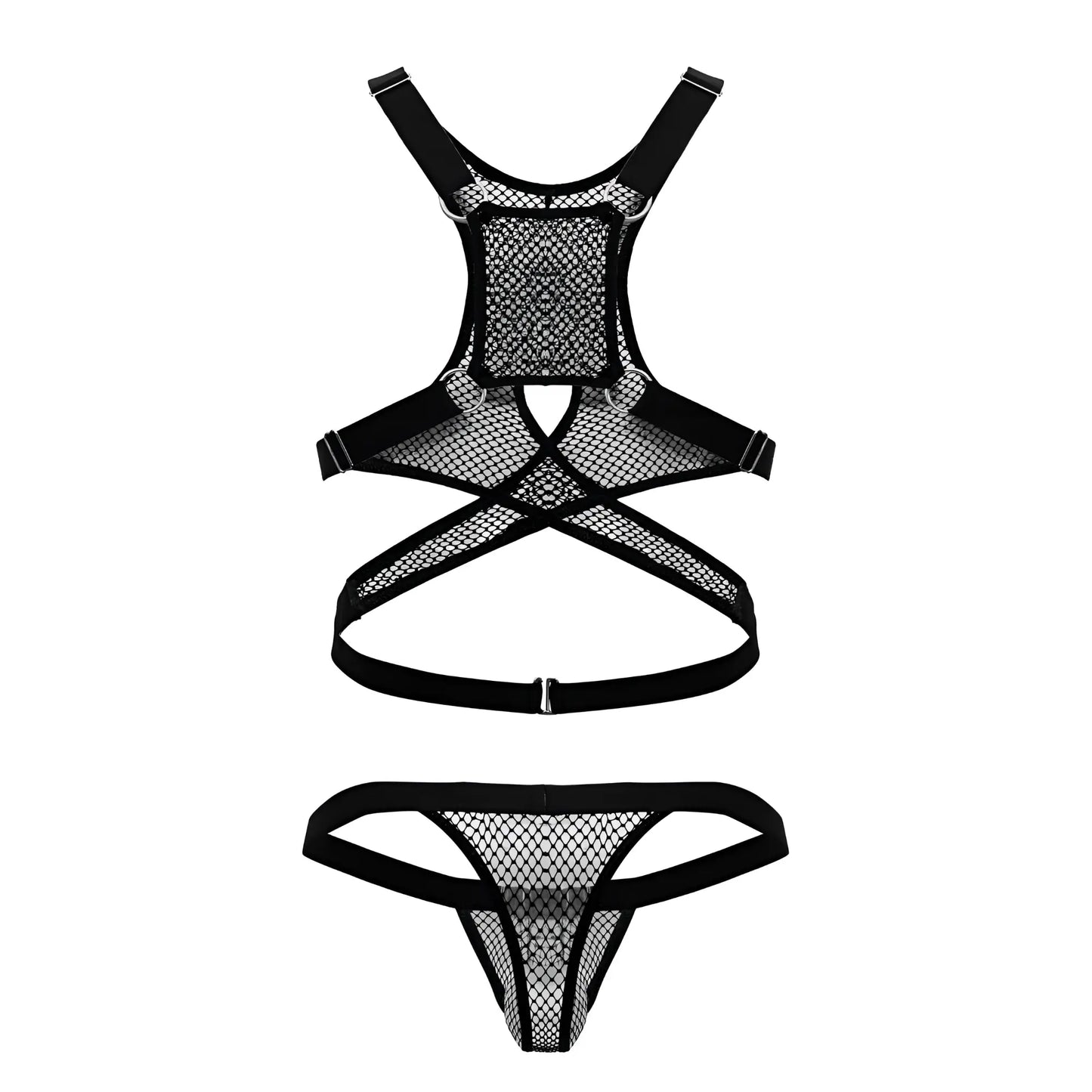 Black mesh lingerie set candyMan 99862 with adjustable straps and cross-back design shown from the back side
