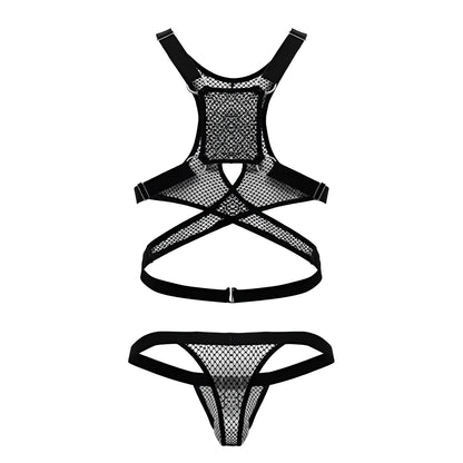 Black mesh lingerie set candyMan 99862 with adjustable straps and cross-back design shown from the back side