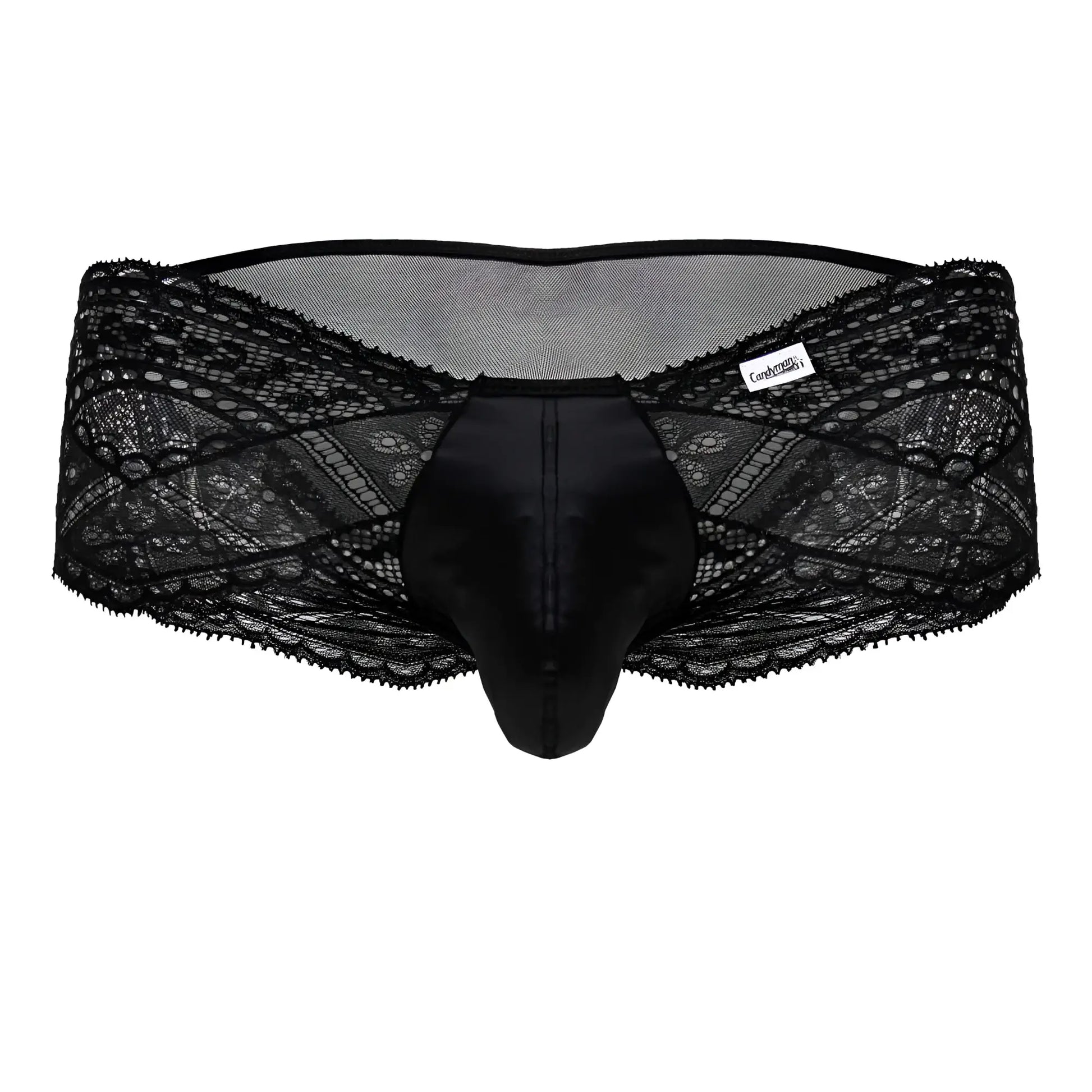 Black laced-trimmed mens briefs candyMan 99863 with satin front panel and floral mesh back in black color