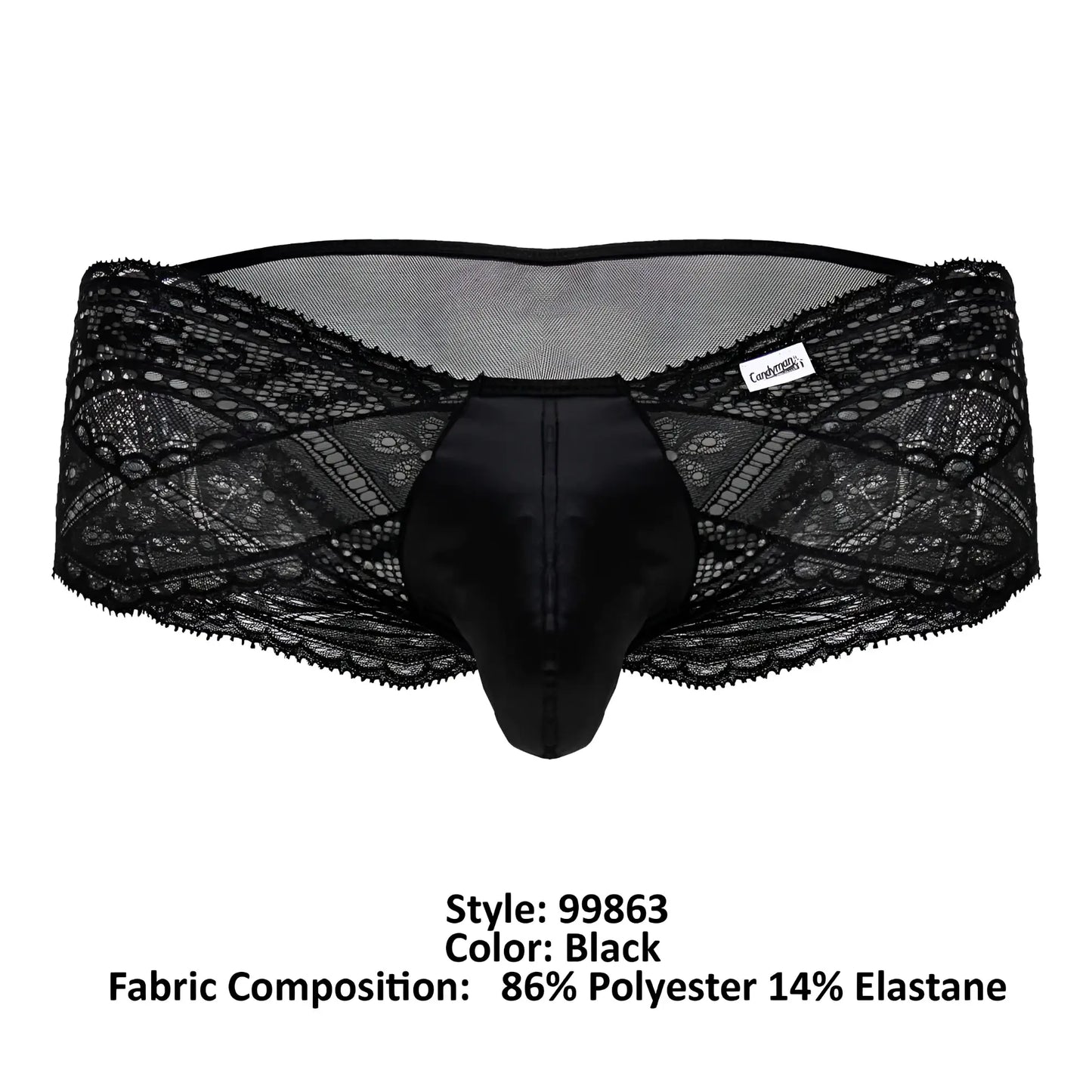 Black lace-trimmed CandyMan 99863 briefs with satin front panel in black for men