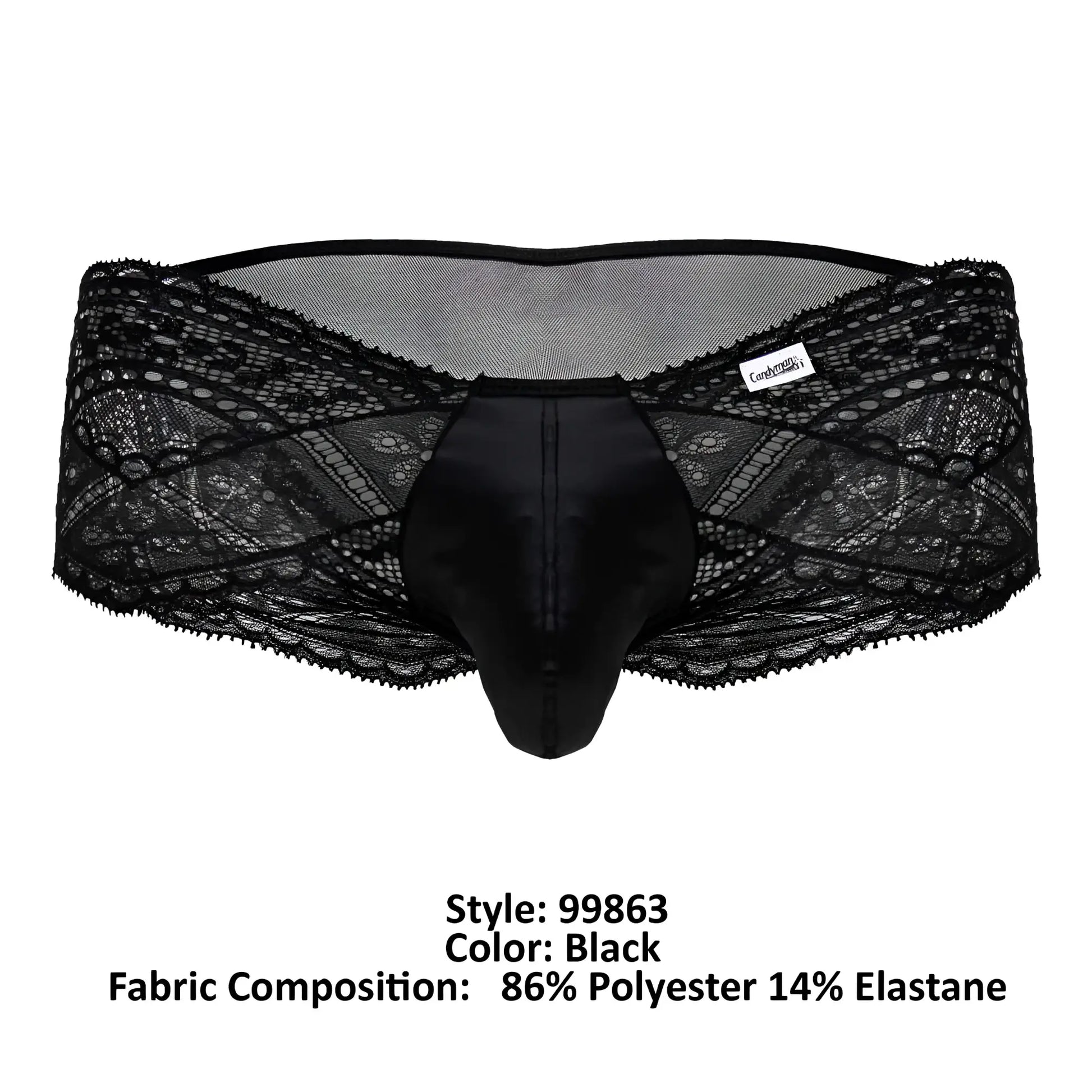 Black lace-trimmed CandyMan 99863 briefs with satin front panel in black for men