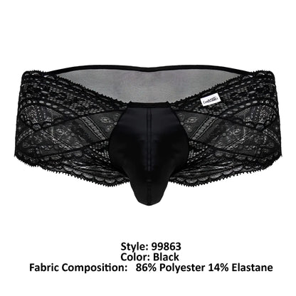 Black lace-trimmed CandyMan 99863 briefs with satin front panel in black for men