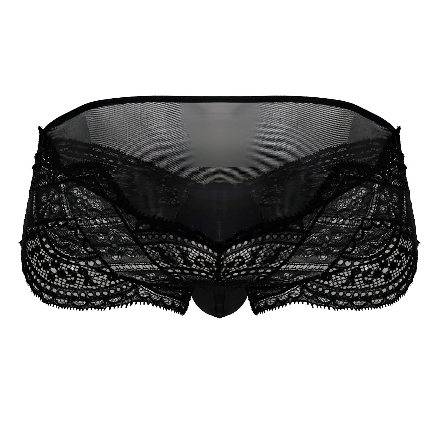 Black candyMan 99863 lace briefs showing the back with intricate floral patterns and sheer mesh fabric