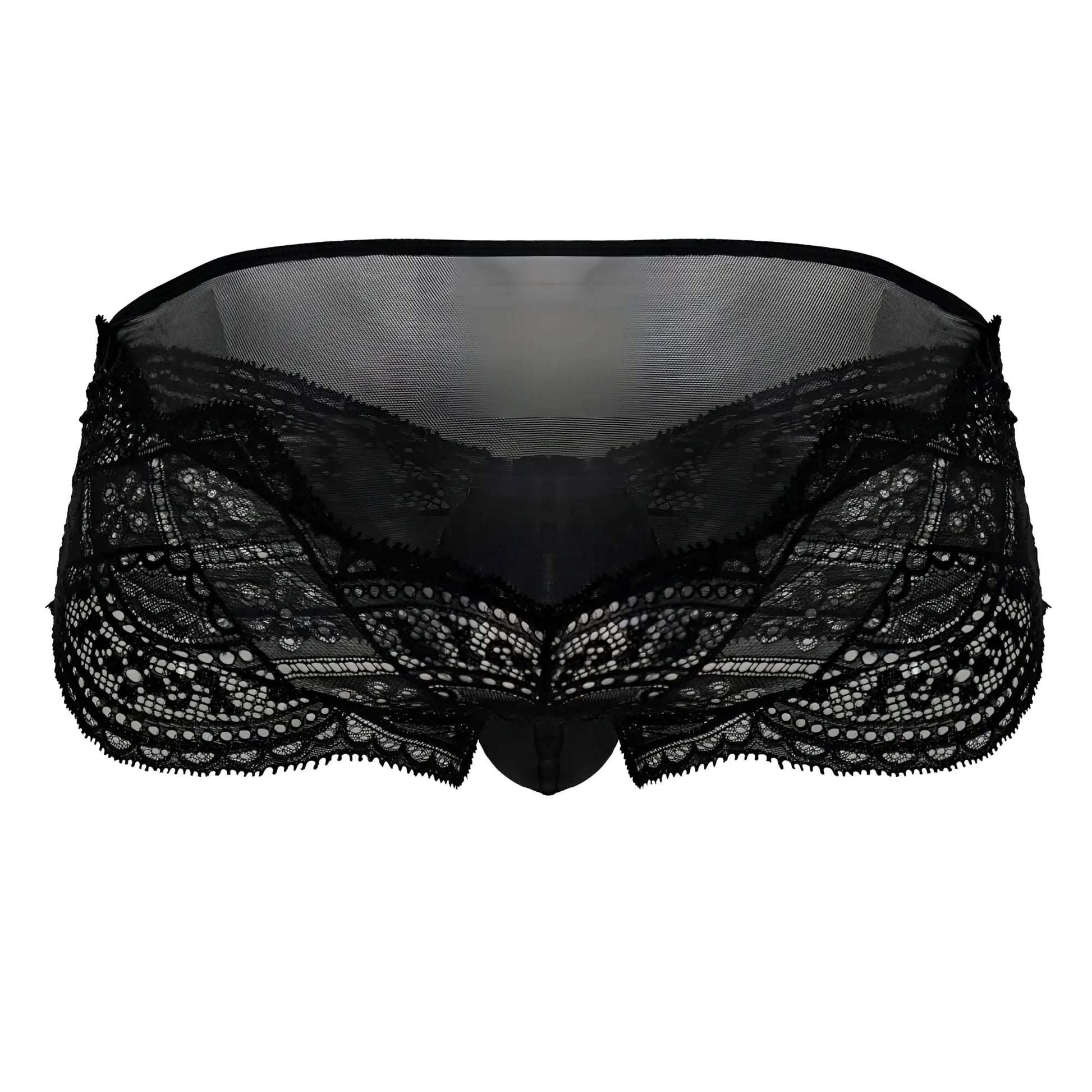 Black candyMan 99863 lace briefs showing the back with intricate floral patterns and sheer mesh fabric