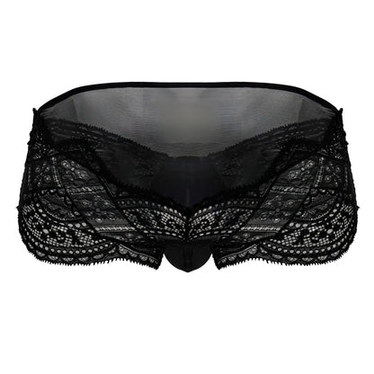 Black candyMan 99863 lace briefs showing the back with intricate floral patterns and sheer mesh fabric
