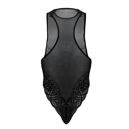 Black sheer mesh bodysuit with intricate lace detailing along the lower hem by candyman 99864 lace-mesh bodysuit