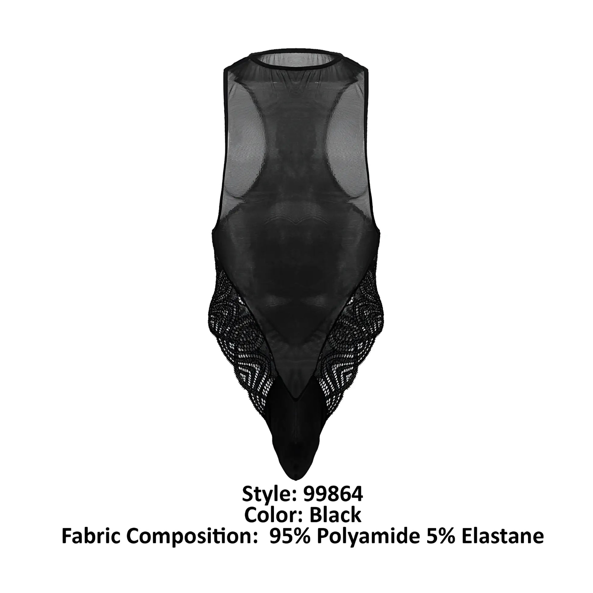 Black sheer mesh bodysuit with intricate lace detailing along the sides and bottom candyMan 99864 lace-mesh bodysuit