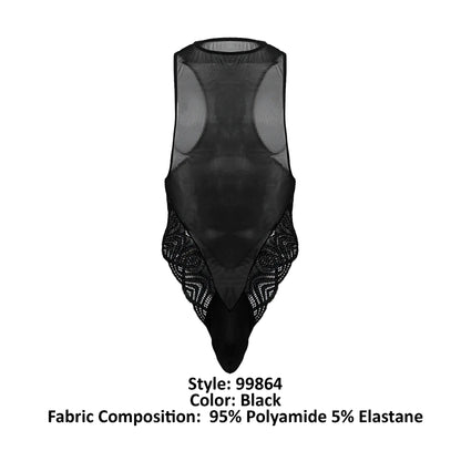 Black sheer mesh bodysuit with intricate lace detailing along the sides and bottom candyMan 99864 lace-mesh bodysuit