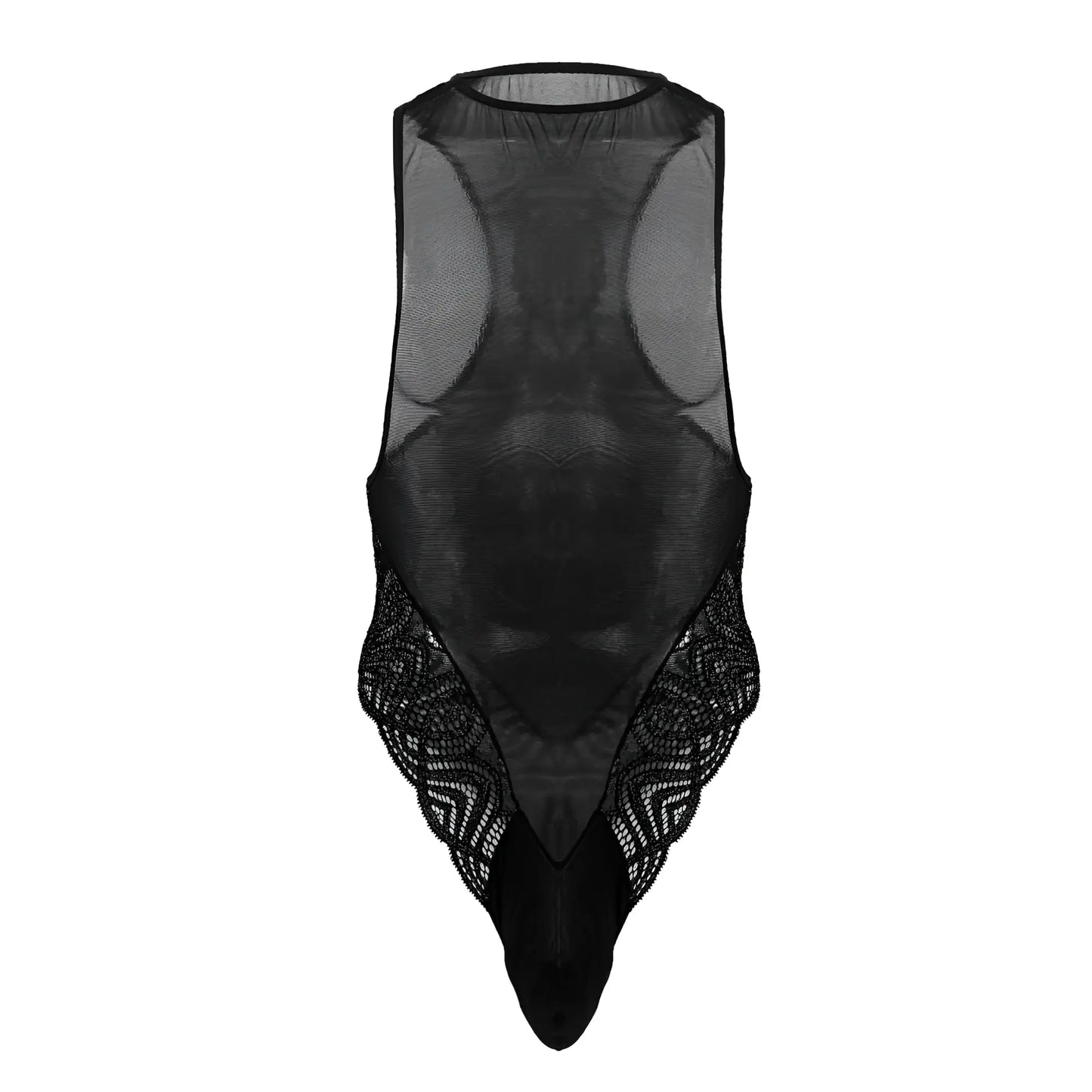 CandyMan 99864 lace-mesh bodysuit in black sheer mesh with intricate lace detailing along sides and bottom