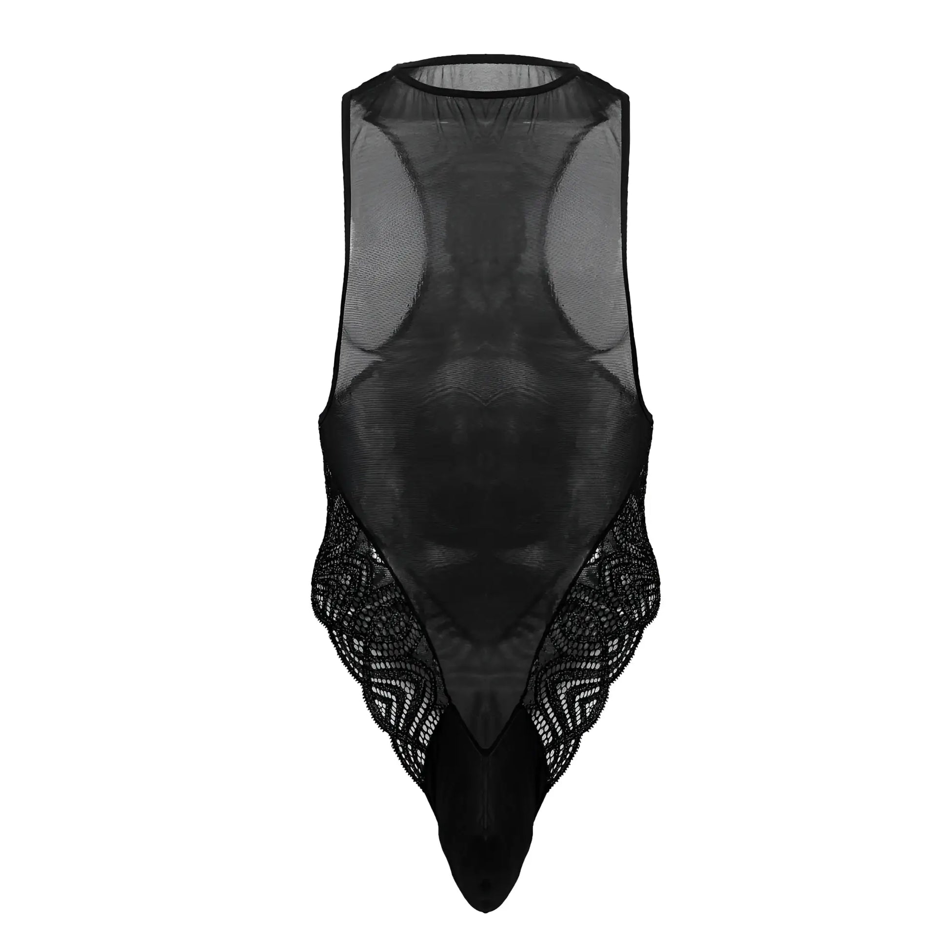 CandyMan 99864 lace-mesh bodysuit in black sheer mesh with intricate lace detailing along sides and bottom