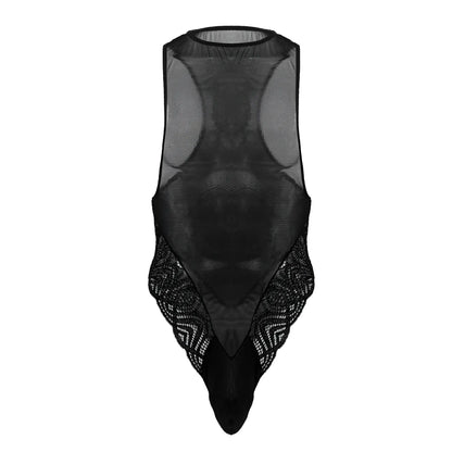CandyMan 99864 lace-mesh bodysuit in black sheer mesh with intricate lace detailing along sides and bottom