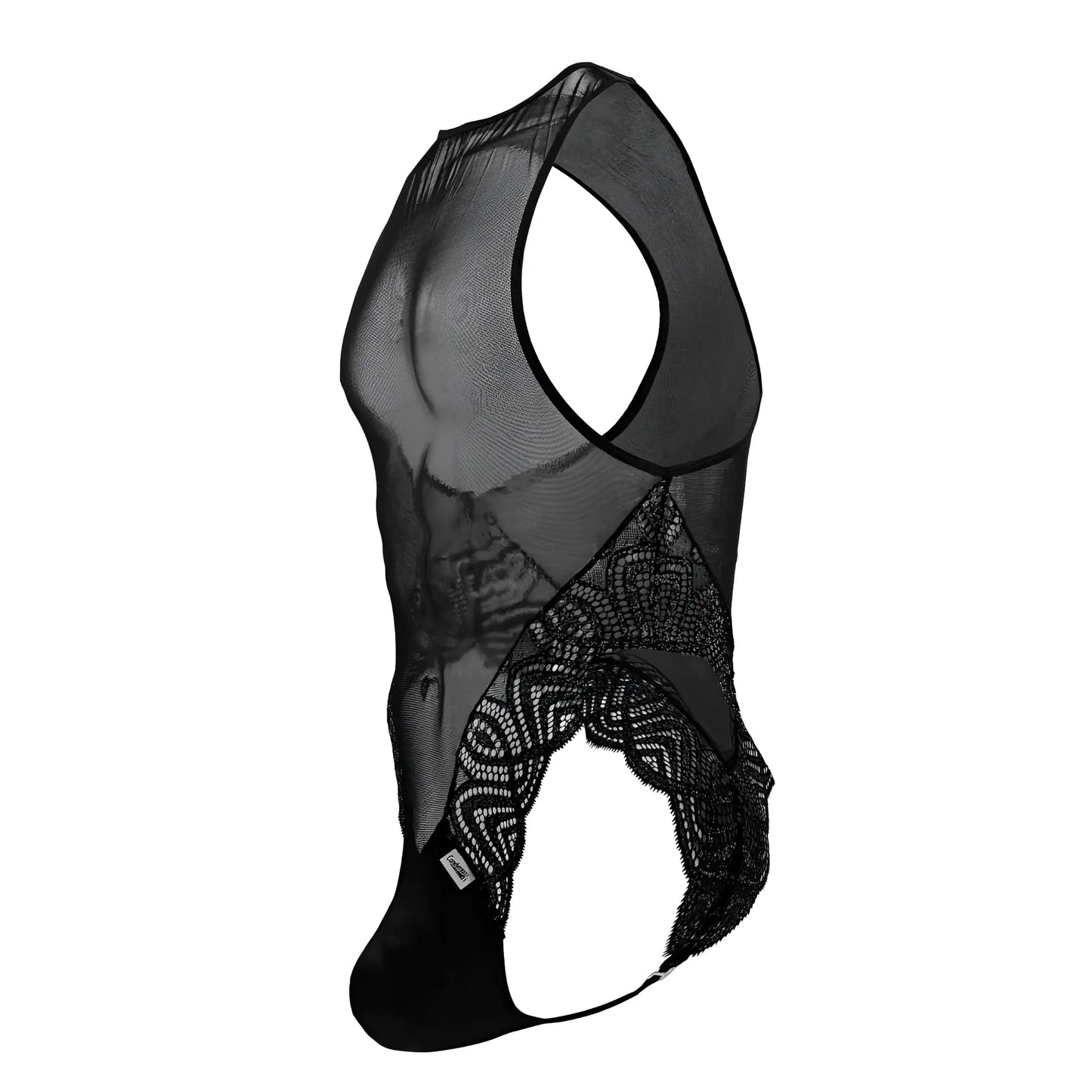 Black sheer mesh men’s bodysuit candyman 99864 with intricate lace sides and solid black fabric bottom panel