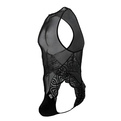 Black sheer mesh men’s bodysuit candyman 99864 with intricate lace sides and solid black fabric bottom panel