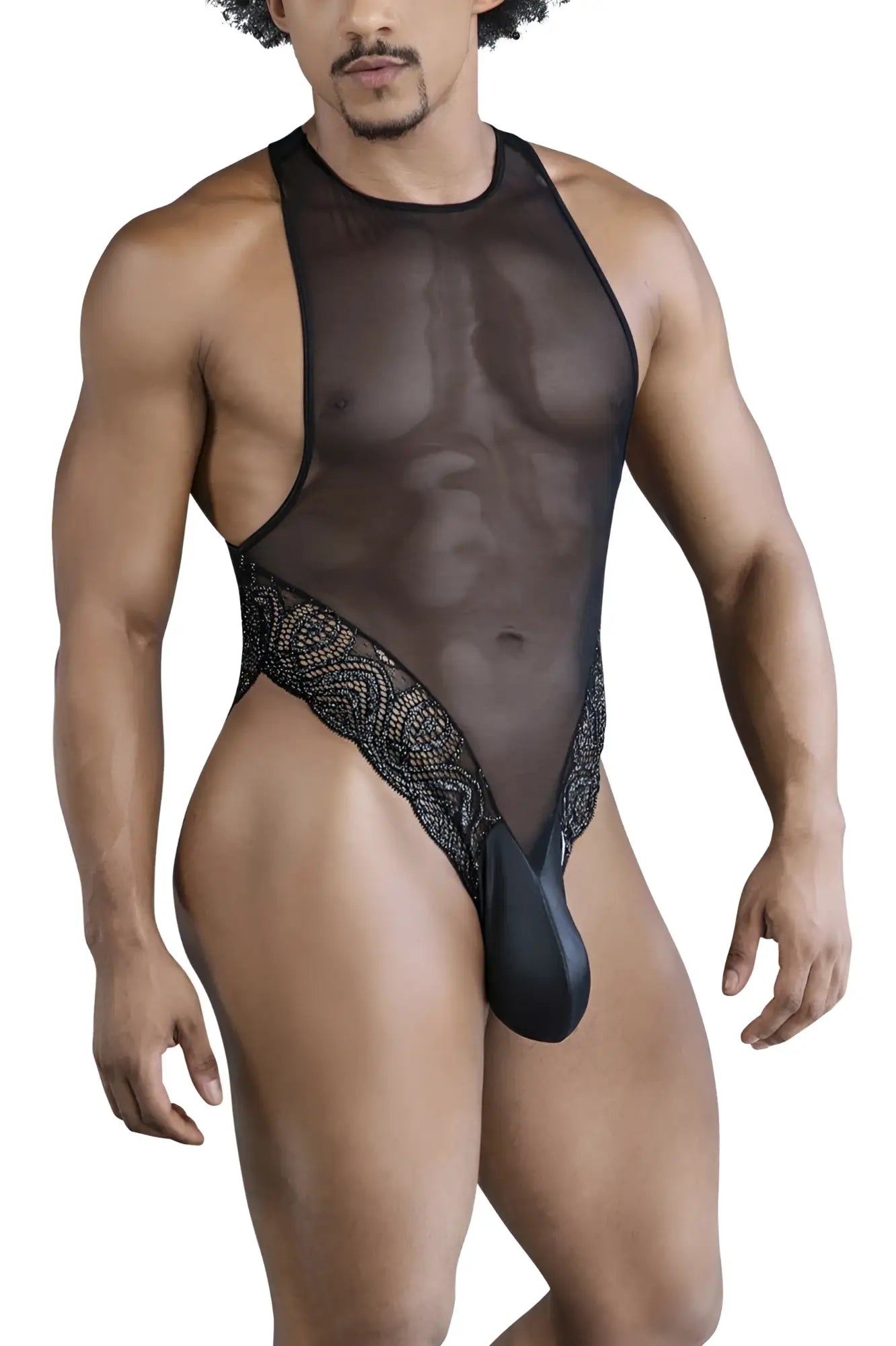 CandyMan 99864 lace mesh bodysuit in black sheer mesh with lace trim and solid black pouch one-piece lingerie