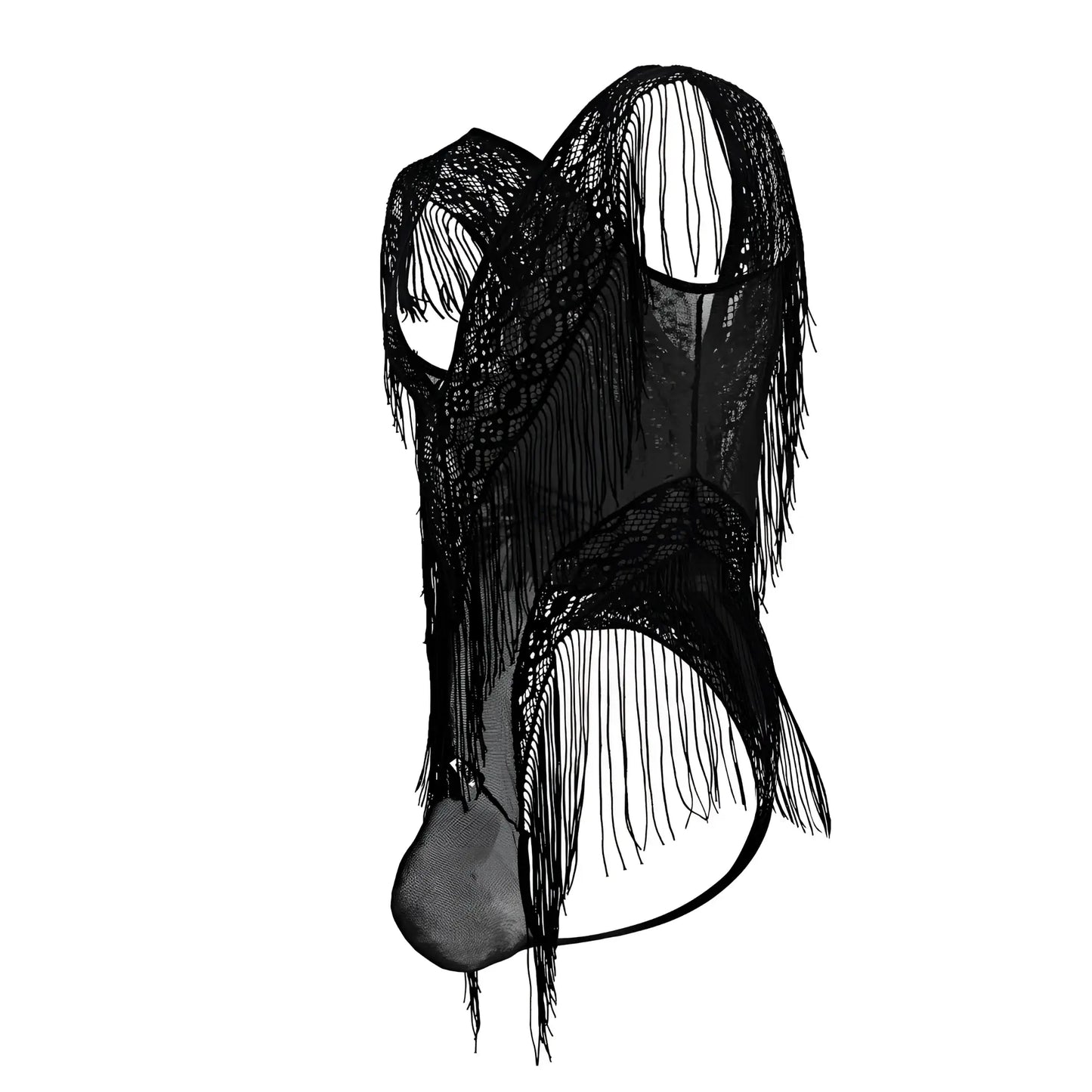 Black lace mesh bodysuit candyman 99865 with long fringe detailing in black for elegant evening wear
