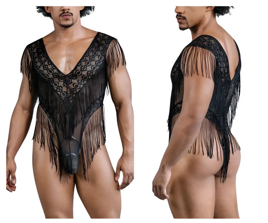 Black lace-mesh bodysuit candyMan 99865 with fringe detailing in black showcasing elegant lingerie design