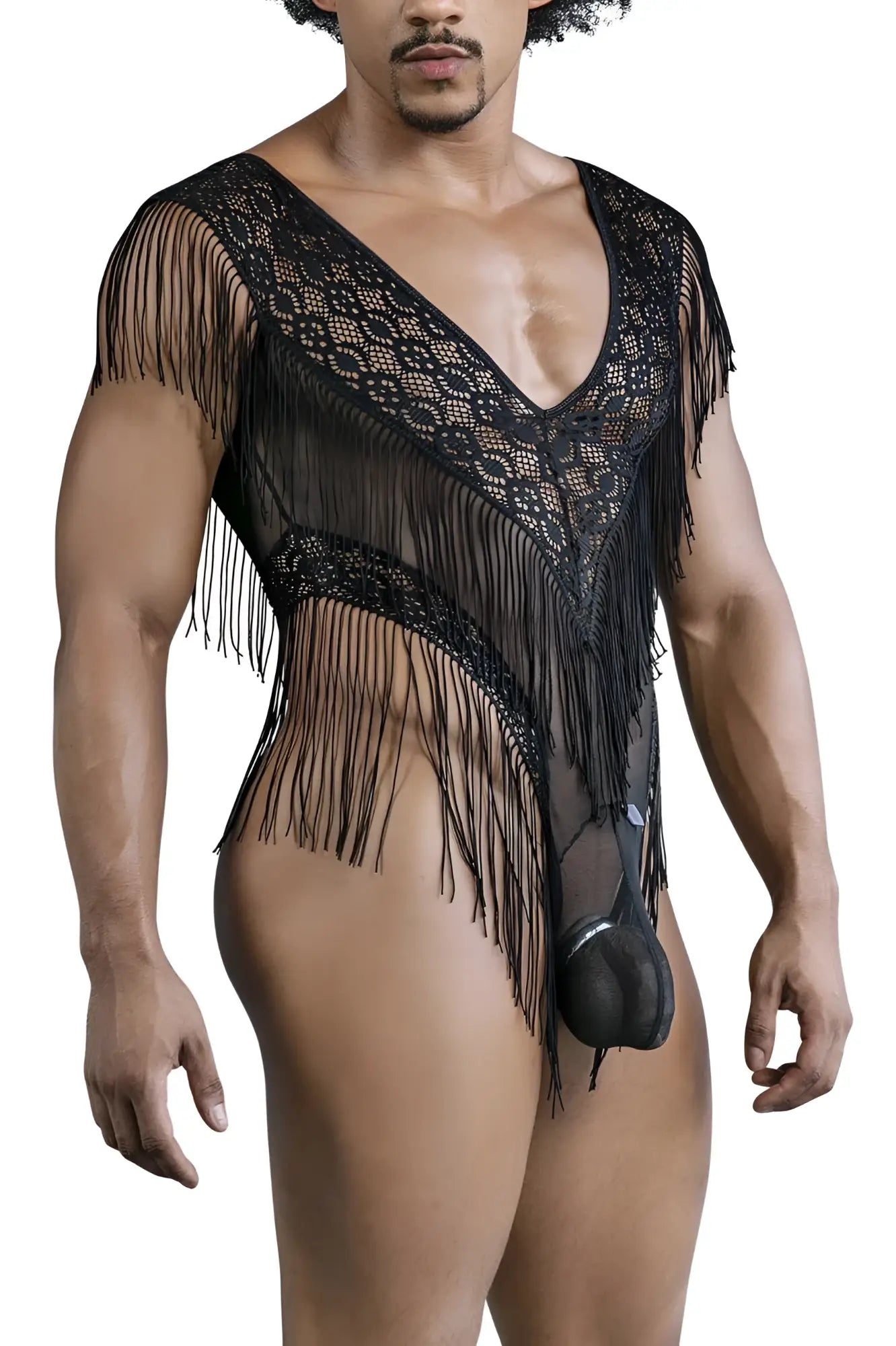 Black lace fringe bodysuit candyMan 99865 with sheer mesh overlay and matching black pouch