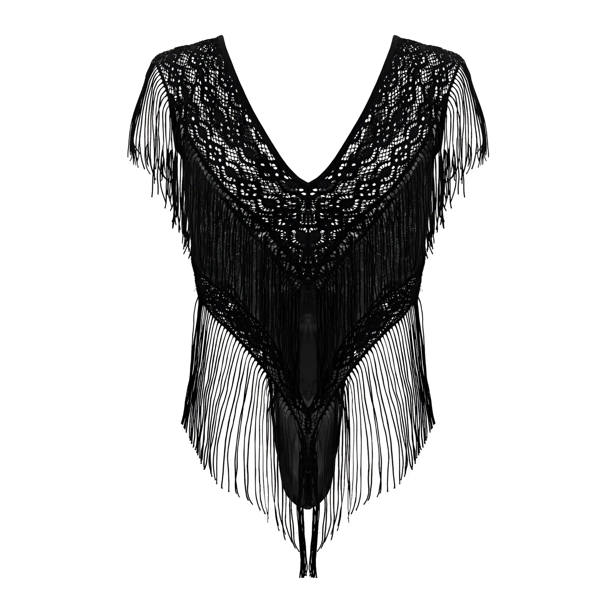 Black candyMan 99865 lace-mesh bodysuit featuring intricate crochet patterns and long fringe detailing