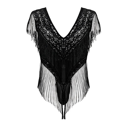 Black candyMan 99865 lace-mesh bodysuit featuring intricate crochet patterns and long fringe detailing