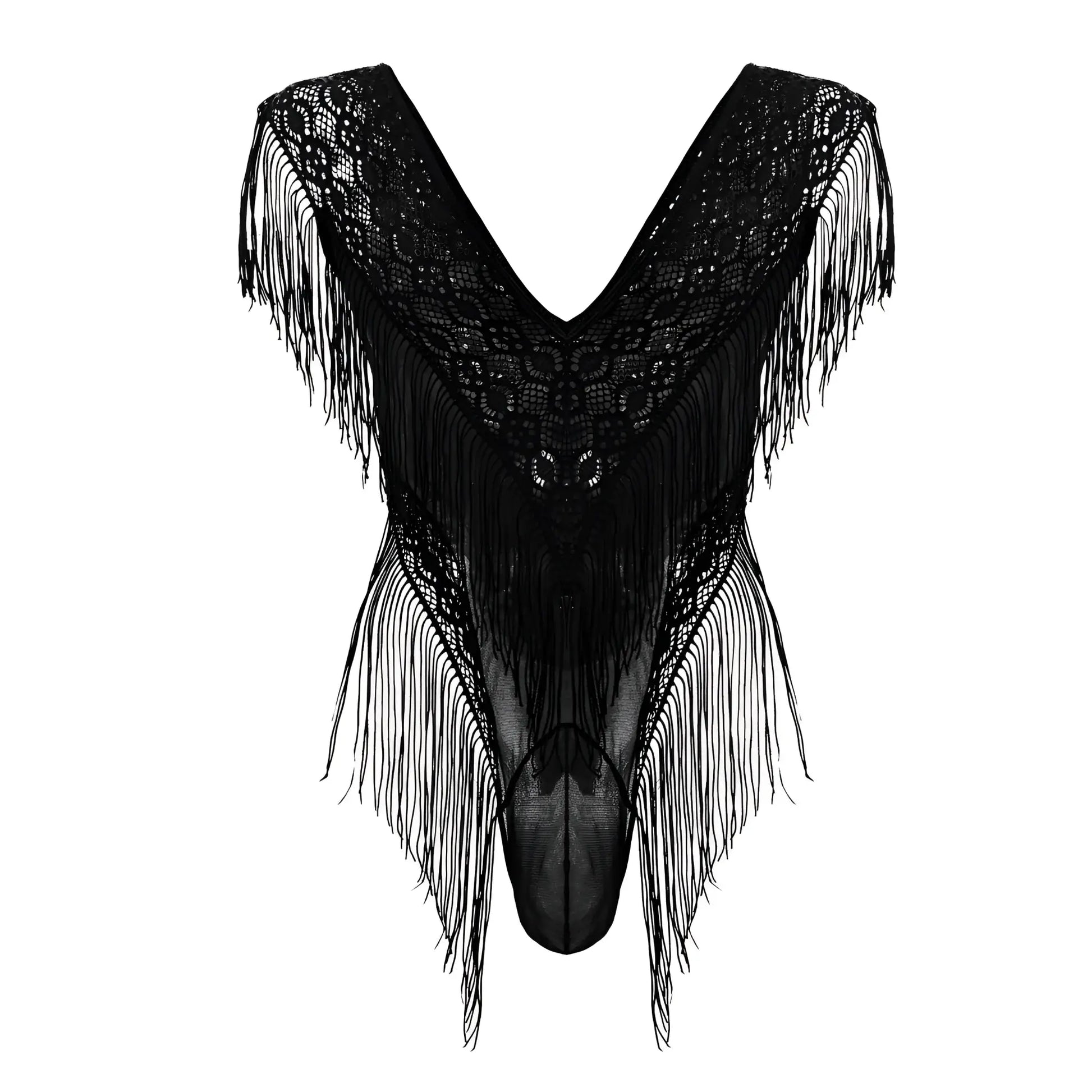 CandyMan 99865 black lace-mesh bodysuit with intricate floral patterns and long flowing fringe along edges