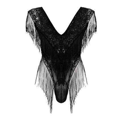 CandyMan 99865 black lace-mesh bodysuit with intricate floral patterns and long flowing fringe along edges