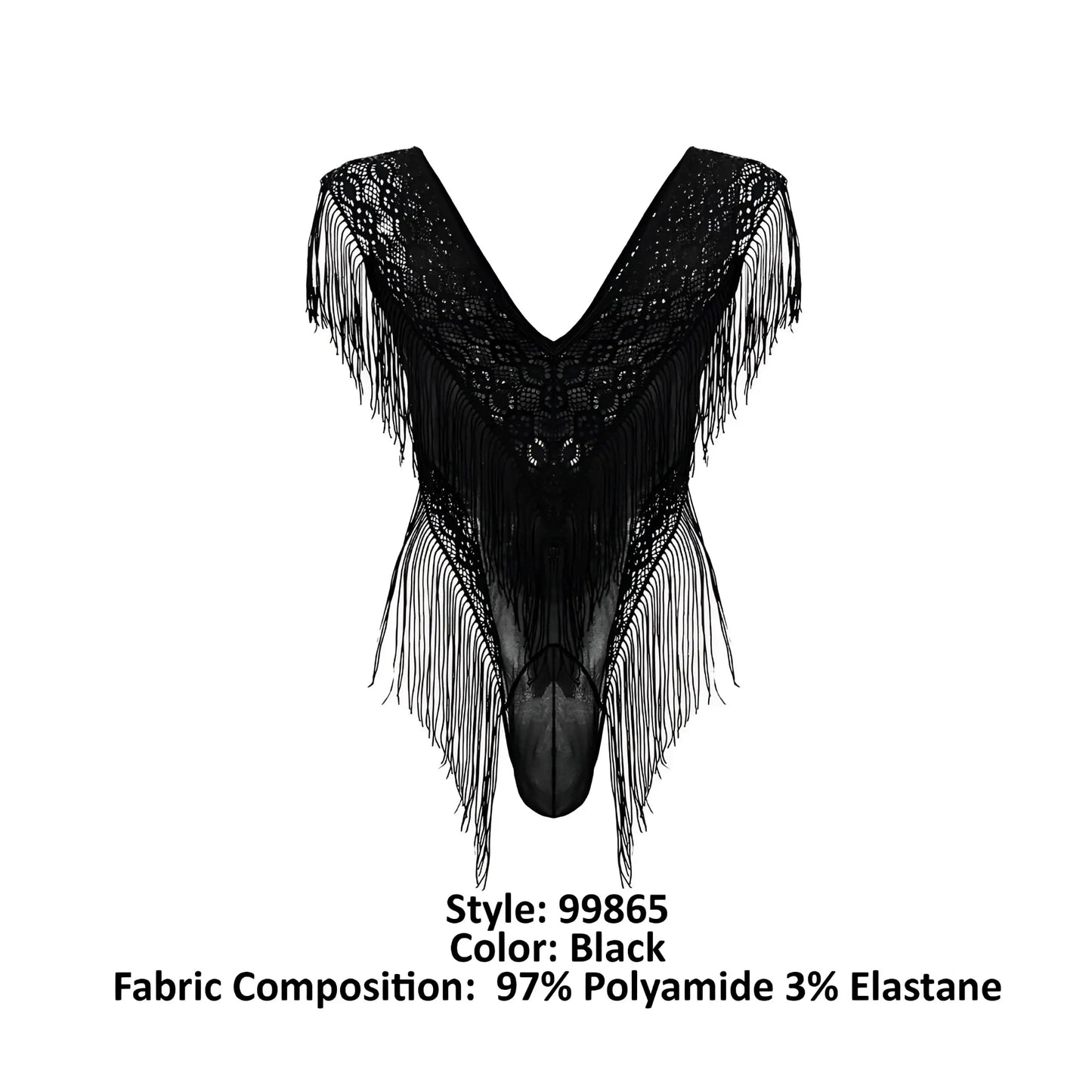Black lace-mesh bodysuit by candyman in black with intricate fringed detailing and lace top design