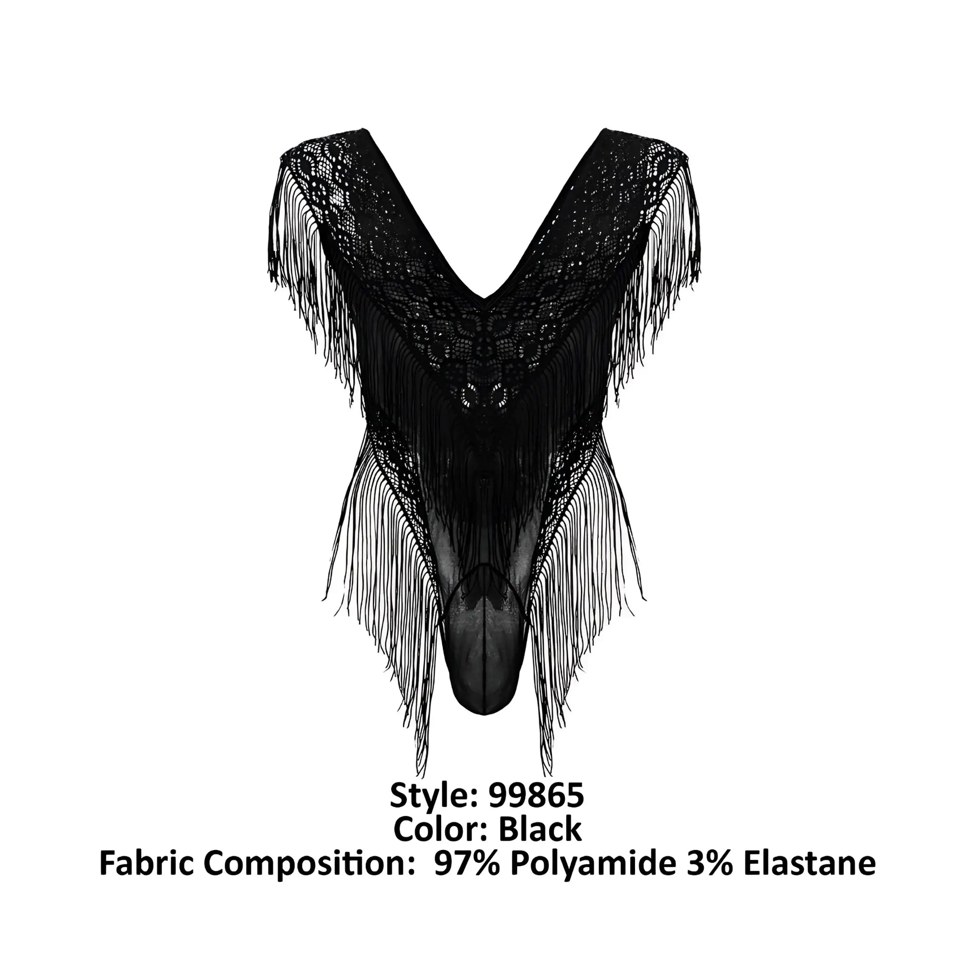 Black lace-mesh bodysuit by candyman in black with intricate fringed detailing and lace top design