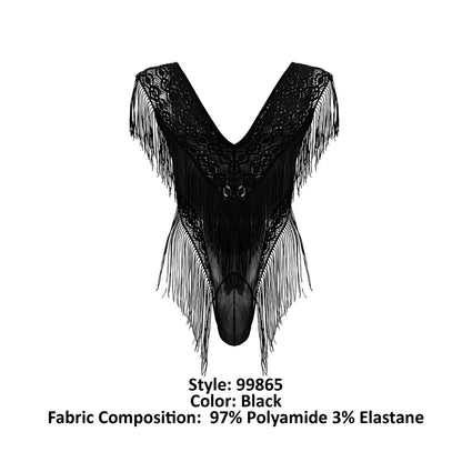 Black lace-mesh bodysuit by candyman in black with intricate fringed detailing and lace top design