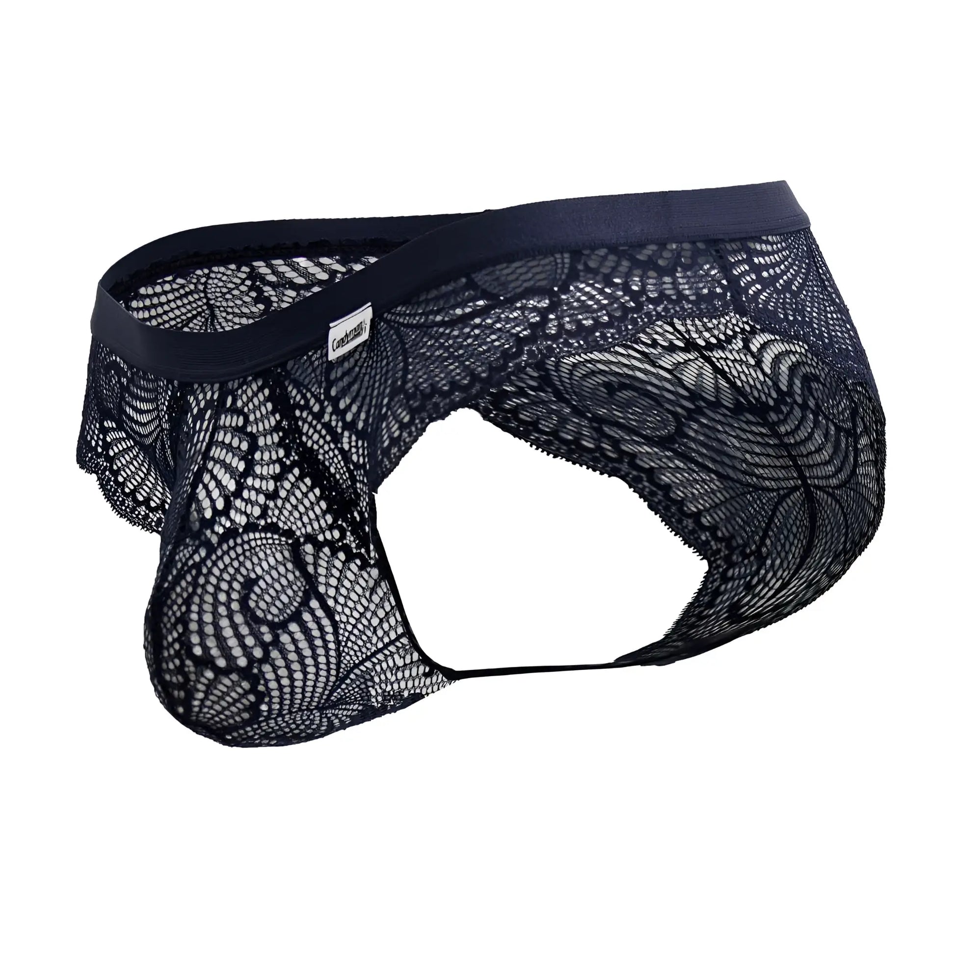 CandyMan 99868 lace briefs in navy feature black lace with intricate floral pattern and solid elastic waistband