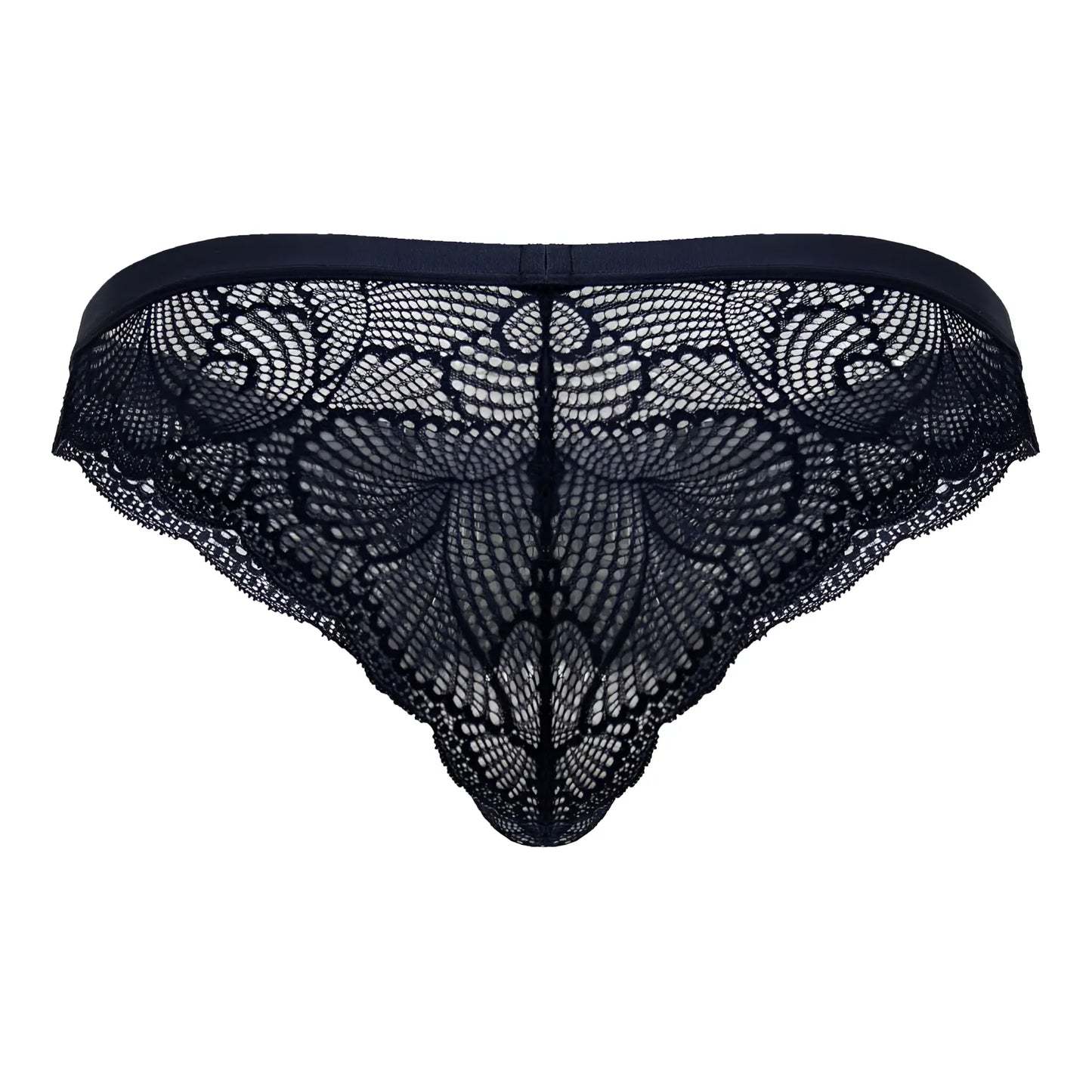 CandyMan 99868 navy lace briefs with black lace thong design and intricate butterfly pattern elastic waistband