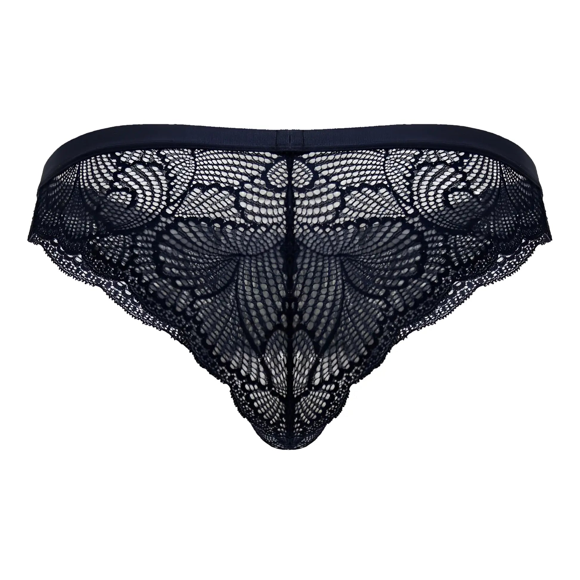 CandyMan 99868 navy lace briefs with black lace thong design and intricate butterfly pattern elastic waistband