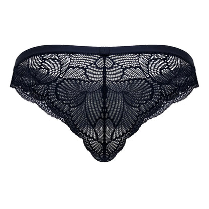 CandyMan 99868 navy lace briefs with black lace thong design and intricate butterfly pattern elastic waistband