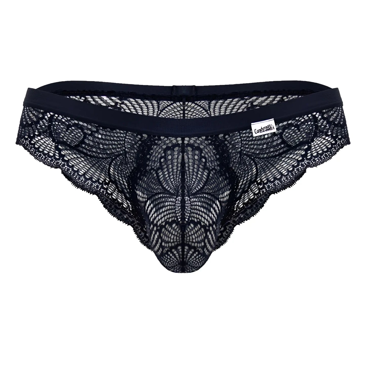 Navy candy man 99868 lace briefs featuring a black lace thong with intricate floral patterns and a solid elastic waistband