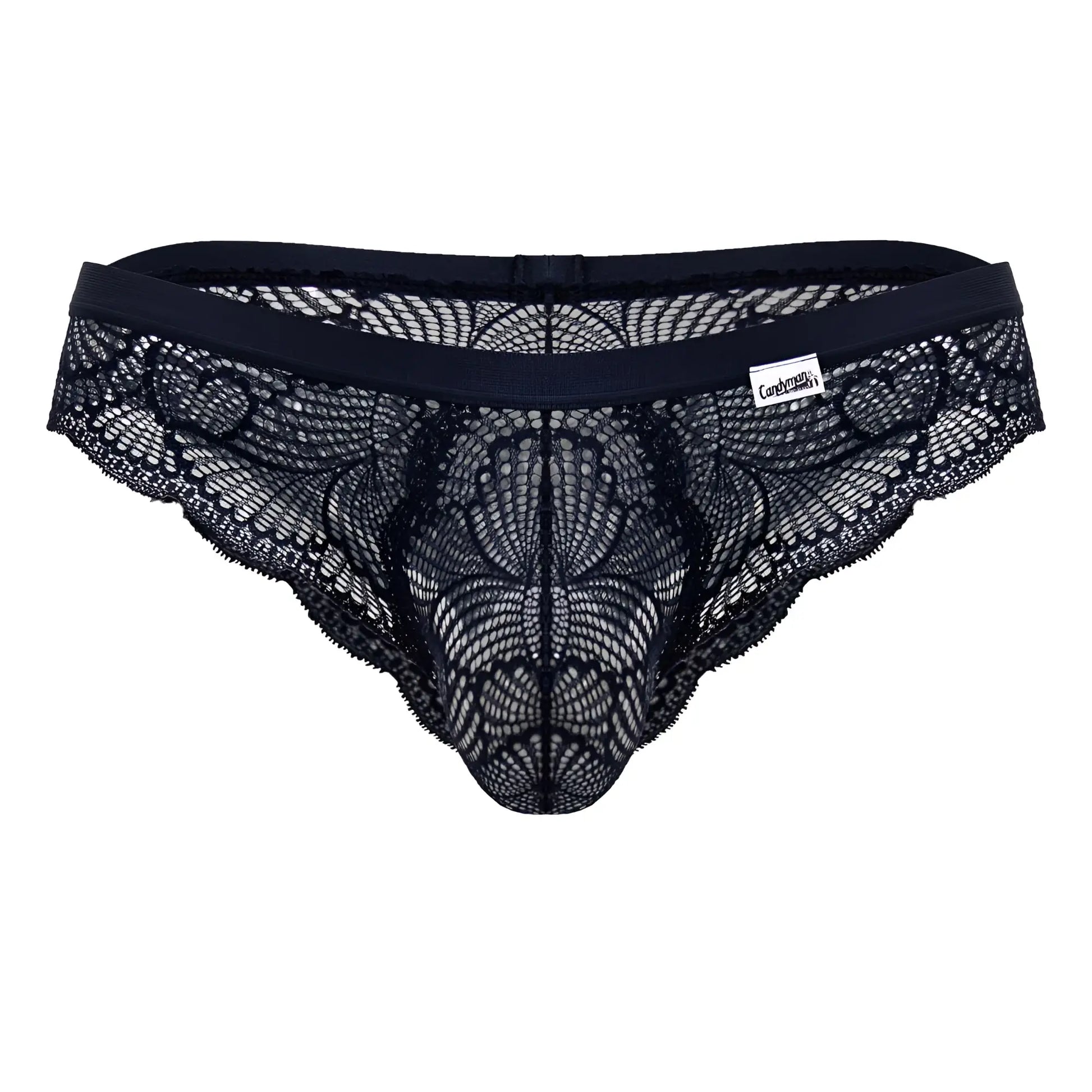 Navy candy man 99868 lace briefs featuring a black lace thong with intricate floral patterns and a solid elastic waistband