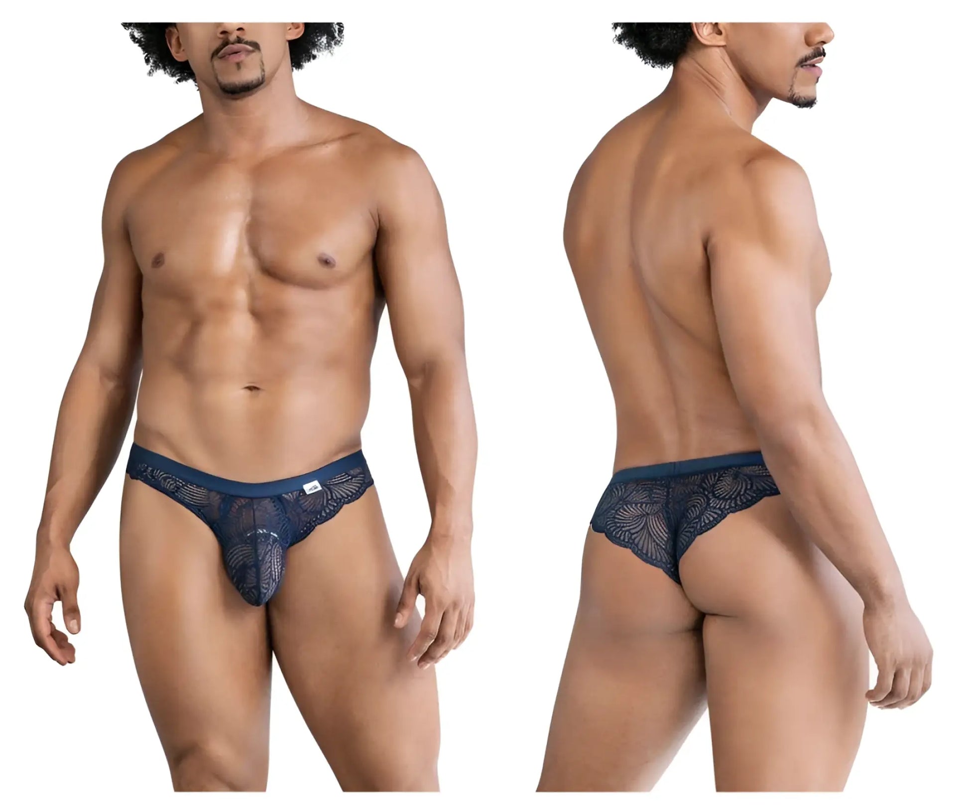 Navy blue lace men’s thong with intricate floral pattern and elastic waistband candyMan 99868 lace briefs