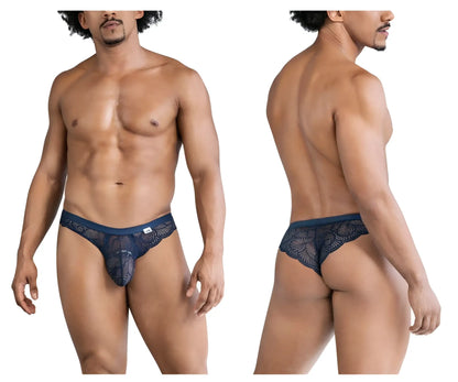 Navy blue lace men’s thong with intricate floral pattern and elastic waistband candyMan 99868 lace briefs