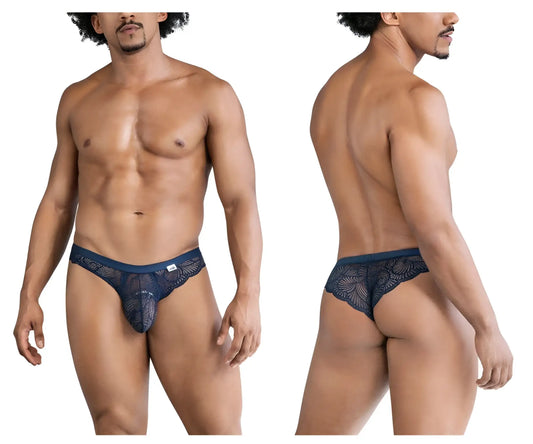 Navy blue lace men’s thong with intricate floral pattern and elastic waistband candyMan 99868 lace briefs