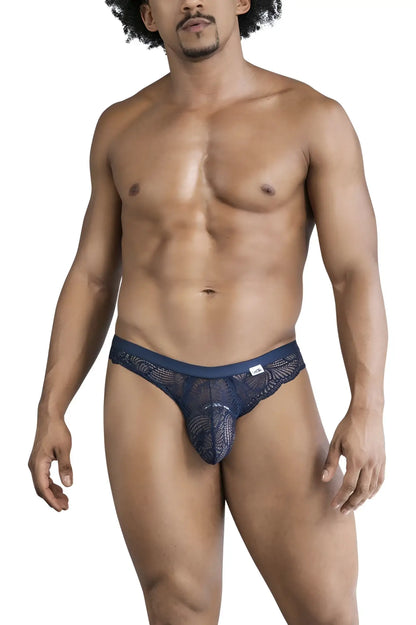 Navy blue lace thong candyMan 99868 with intricate leaf pattern and solid waistband for elegant lingerie wear