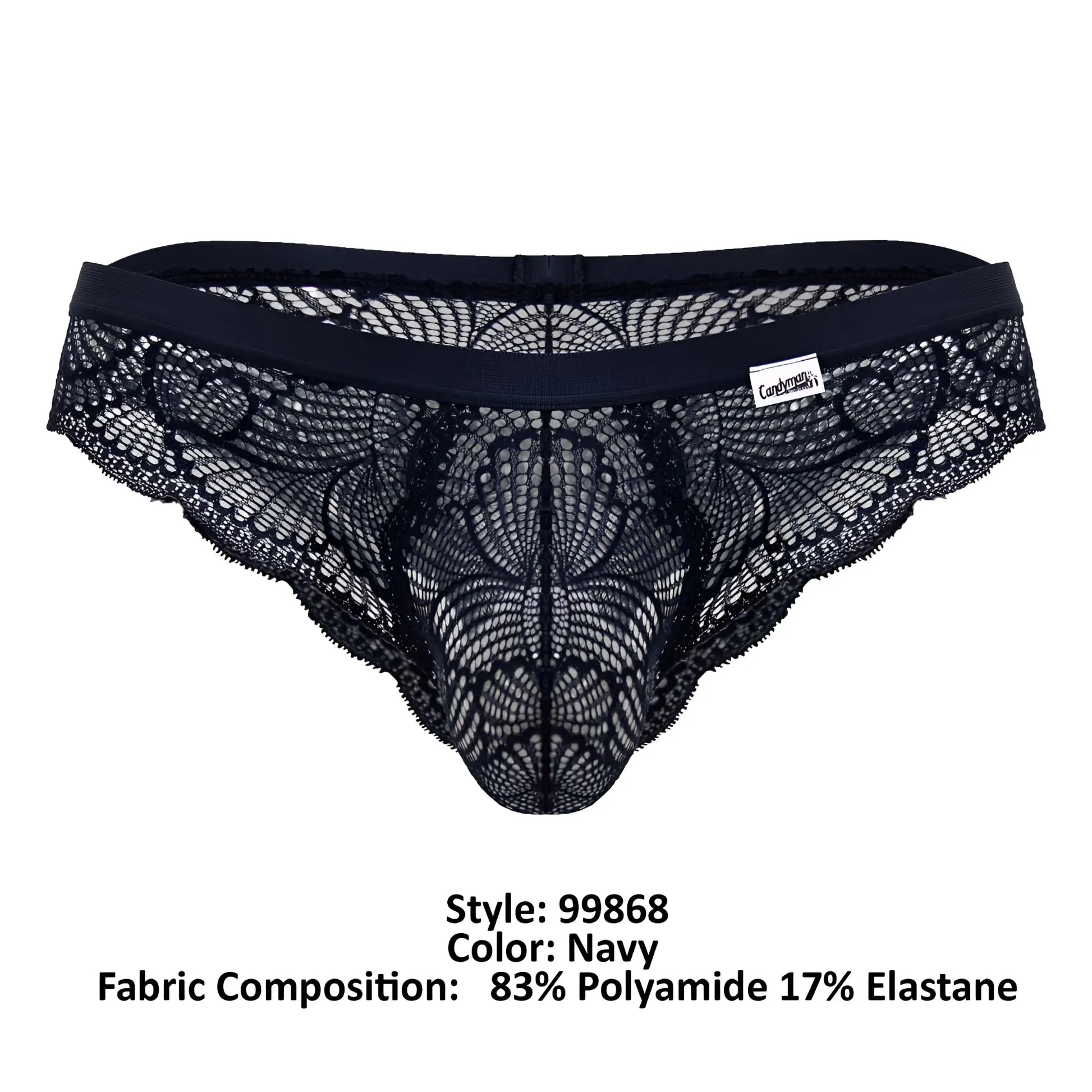 CandyMan 99868 navy lace thong with intricate floral patterns and a stretchy elastic waistband for comfortable wear
