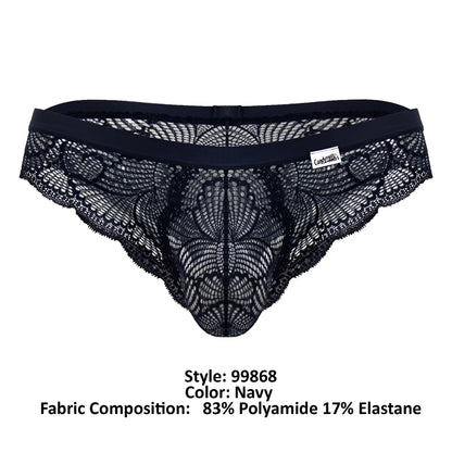 CandyMan 99868 navy lace thong with intricate floral patterns and a stretchy elastic waistband for comfortable wear