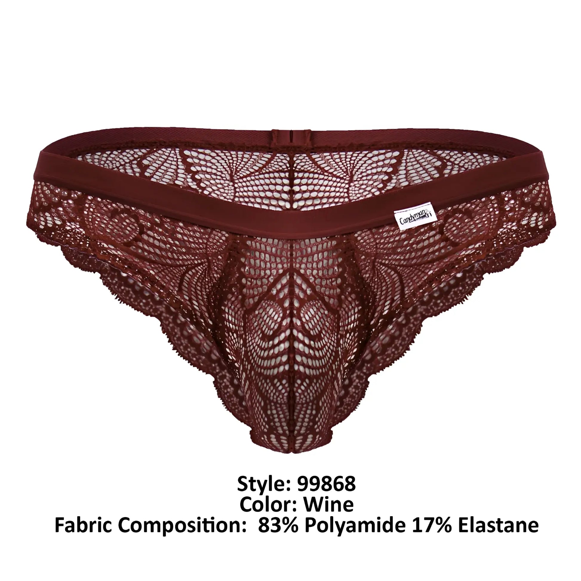 Wine-colored CandyMan 99868 lace thong with solid elastic waistband and intricate floral lace patterns