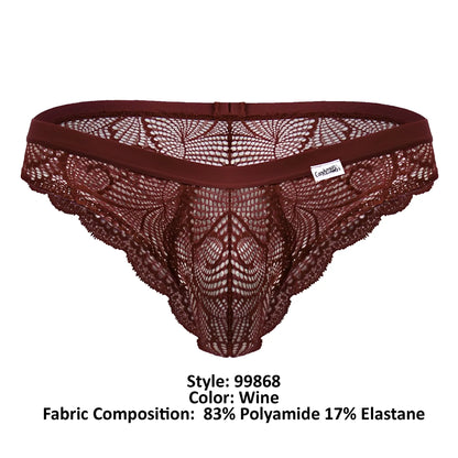 Wine-colored CandyMan 99868 lace thong with solid elastic waistband and intricate floral lace patterns
